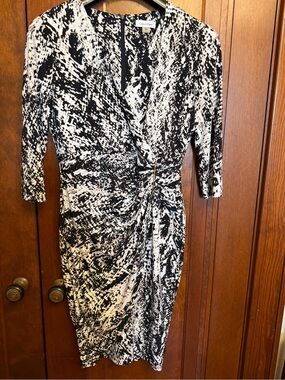 Calvin Klein Black Ivory Ruched Faux Wrap Sheath Dress Size 10 Animal Print